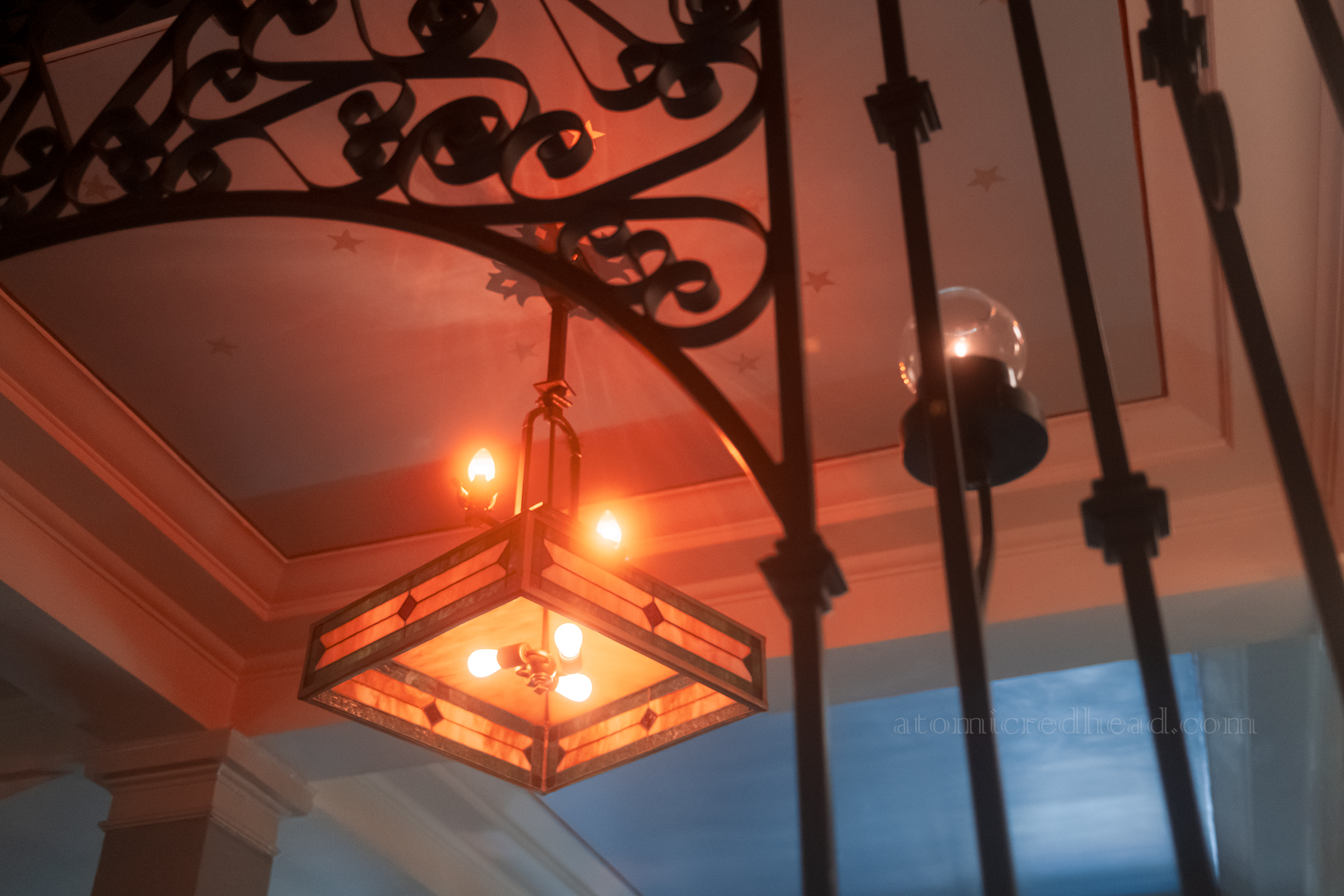 Close-up of ironwork by the restaurant.