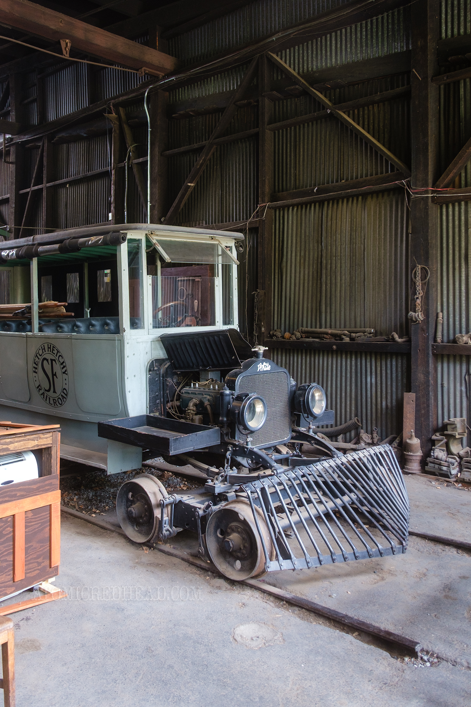 The goofy looking Hetch Hetchy No. 19, a combination car and train, used as an ambulance during the building of the Hetch Hetchy Dam from 1919-1923.