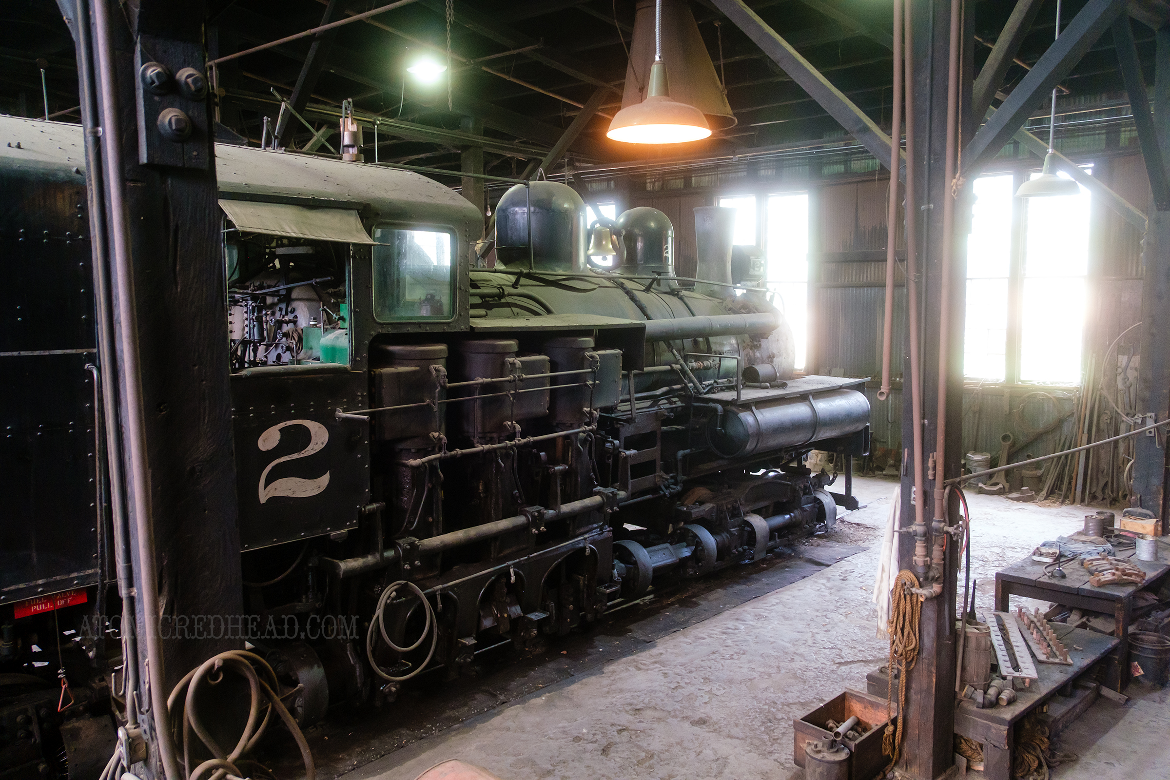 A view of one of the locomotive engines in the roundhouse.