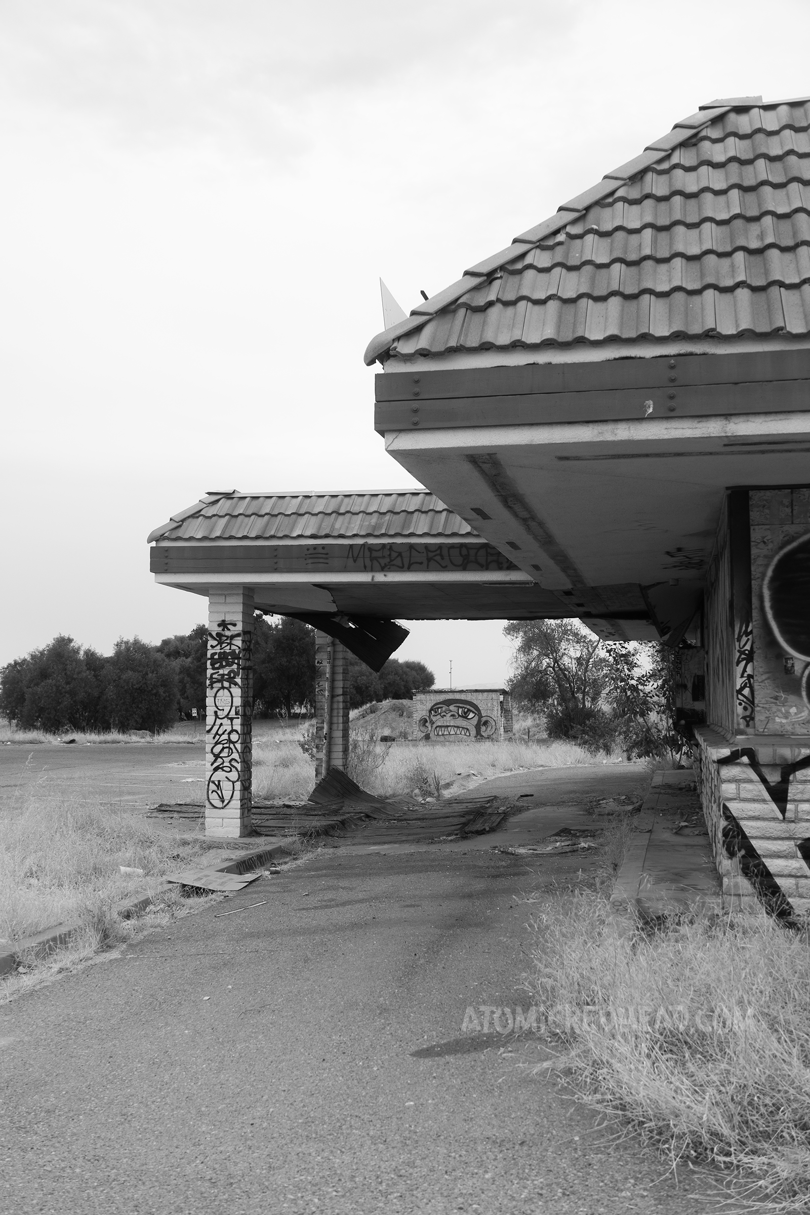 An abandoned Foster's Freeze covered with graffiti.