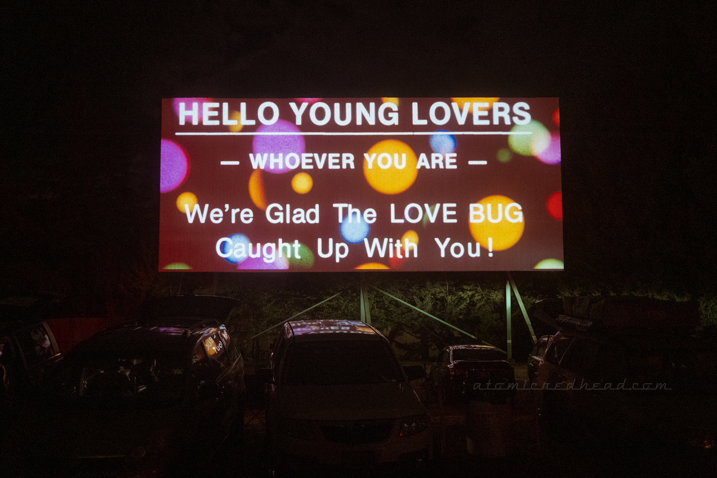 A vinage intermission reel reads "Hello Young Lovers whoever you are we're glad the LOVE BUG caught up with you!"