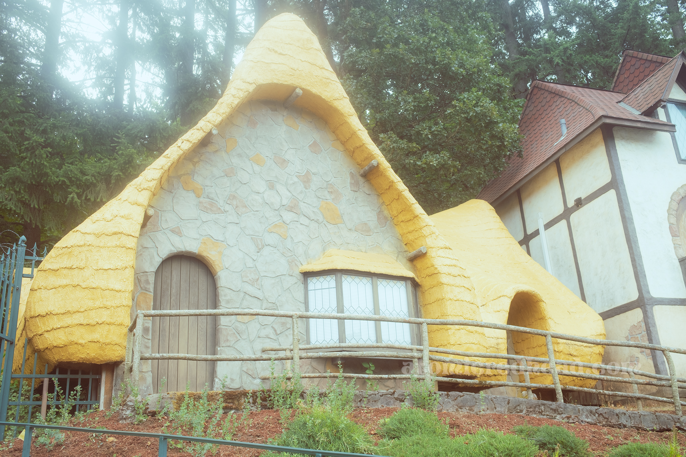 A thatch style roof cottage.