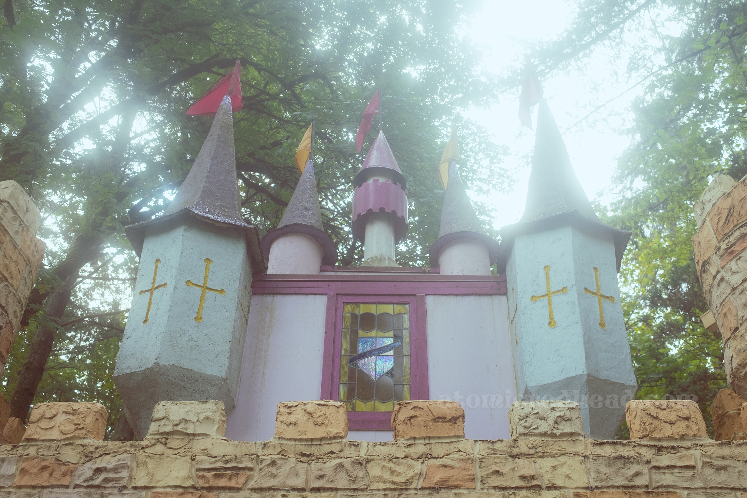 The pink and purple spires of the castle.