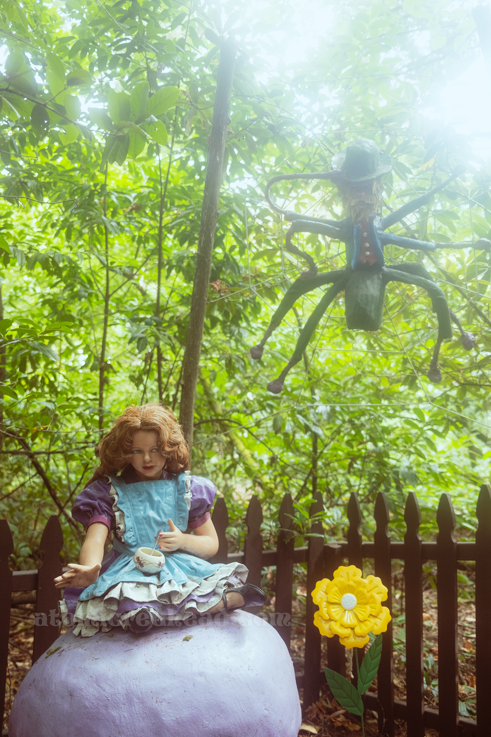 A large spider terrorizes Miss Muffet. 
