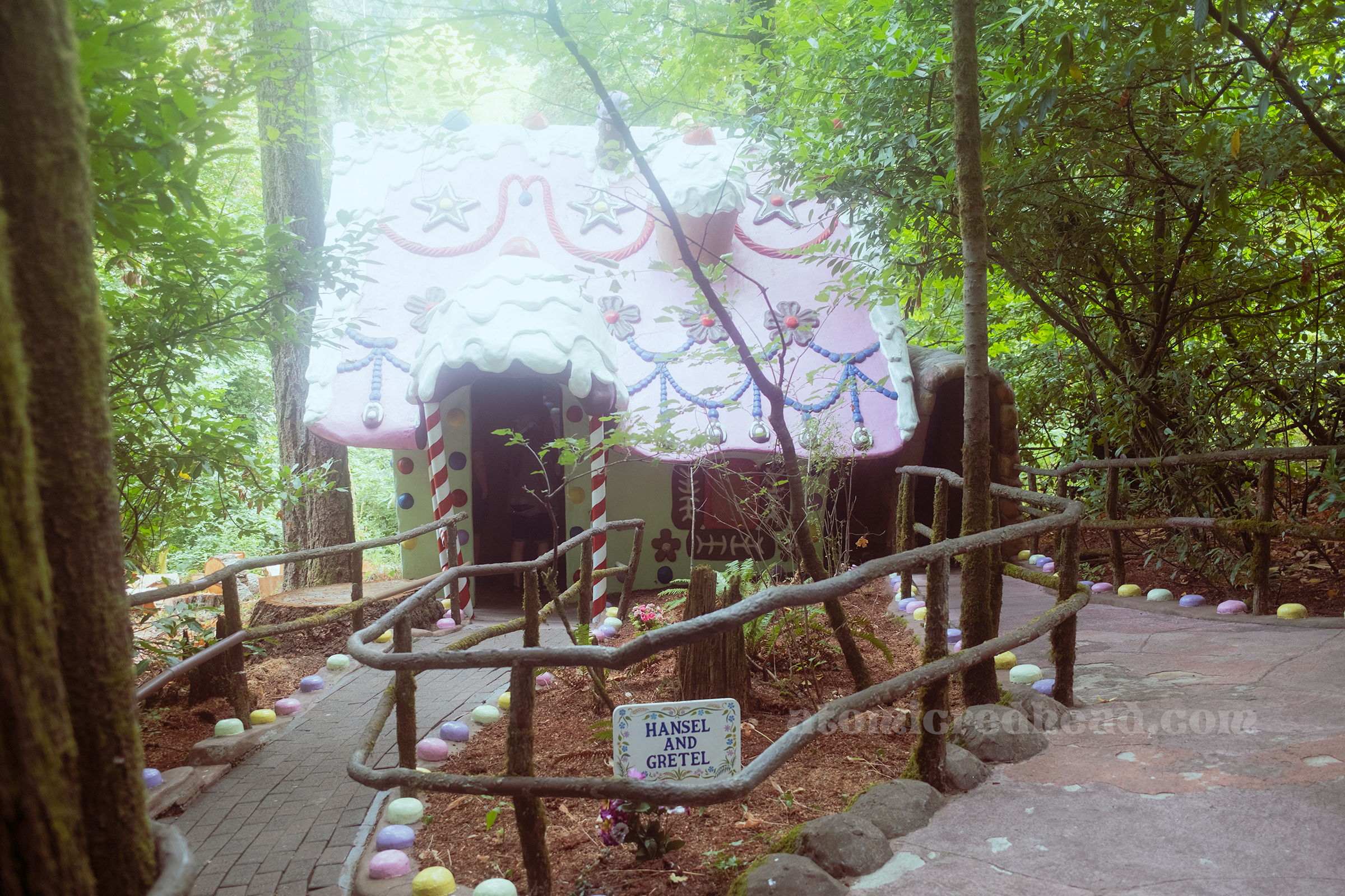A large cottage made of candy, home to the witch in Hansel and Gretel.