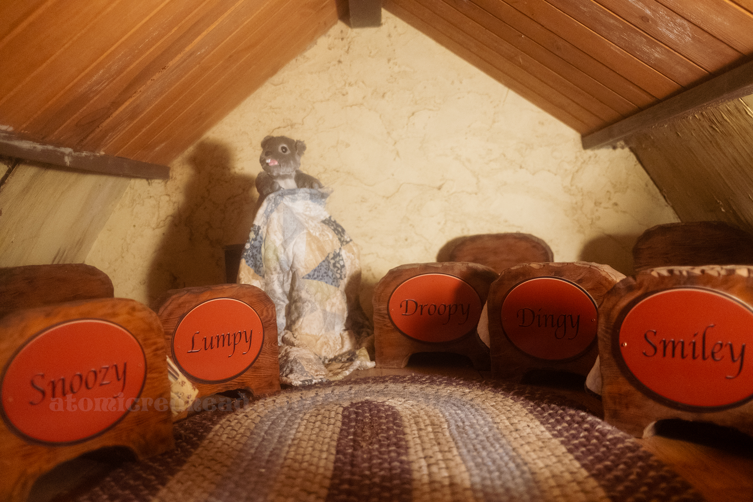 A squirrel holds a blanket around the beds of Snow White and the Seven Dwarves. On the beds are names, including Snoozy, Lumpy, Droopy, Dingy, and Smiley.