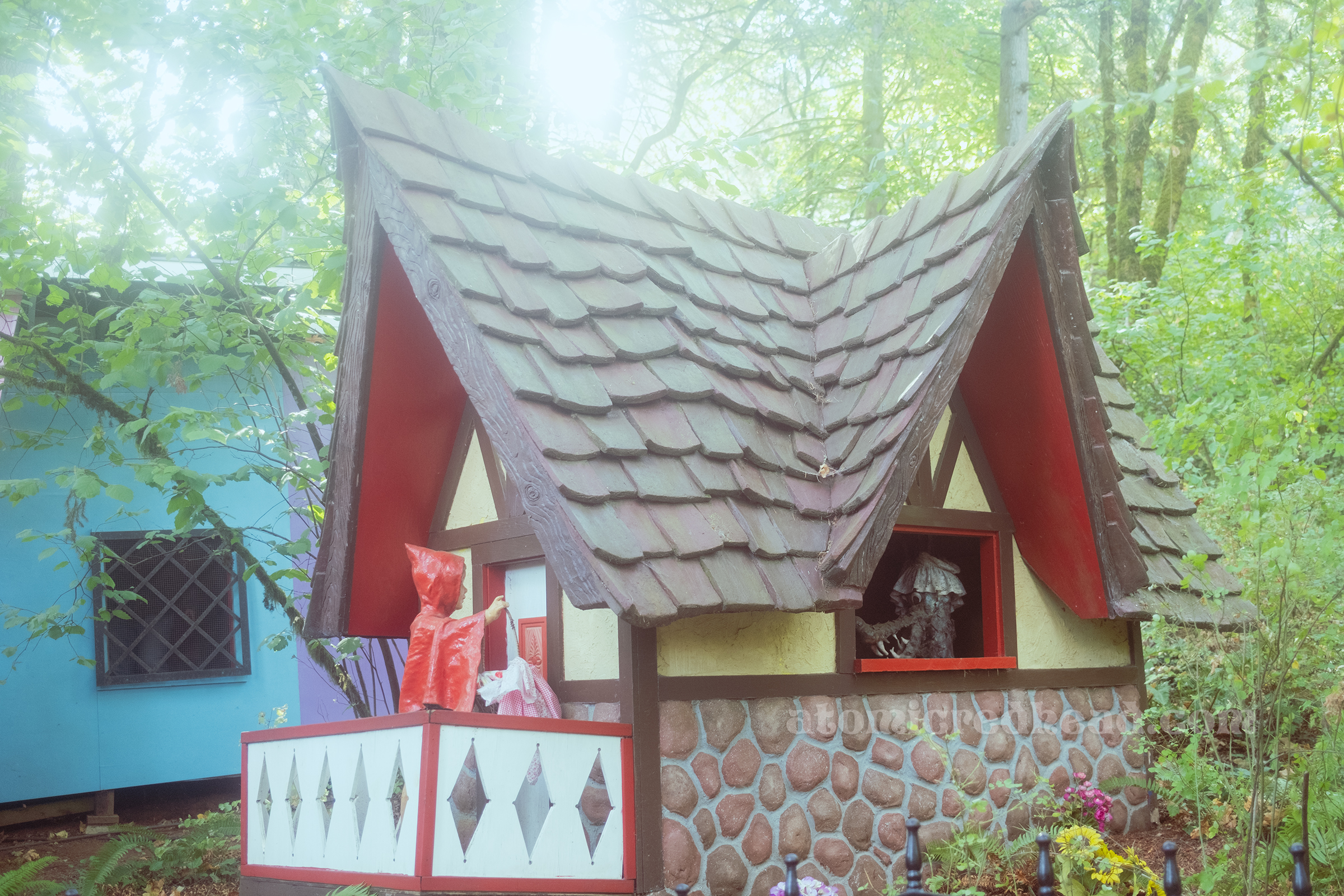 Little Red Riding Hood knocks on the door of her grandmother's cottage, through the window is the wolf, wearing a bonnet.