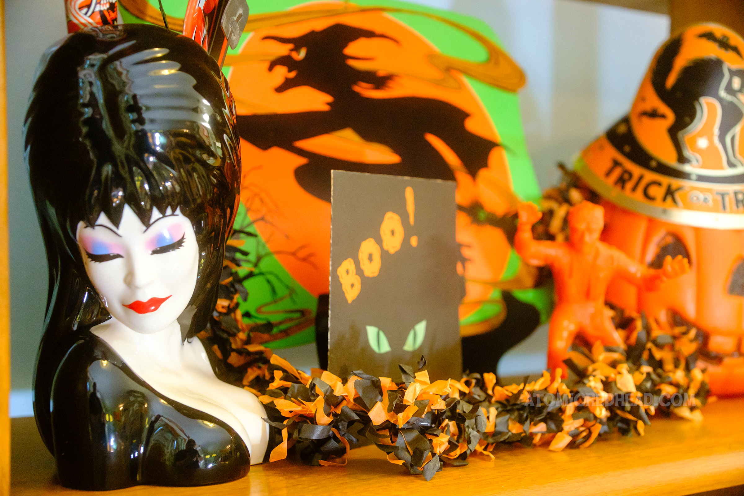 Close-up of a vase that looks like Elvira.
