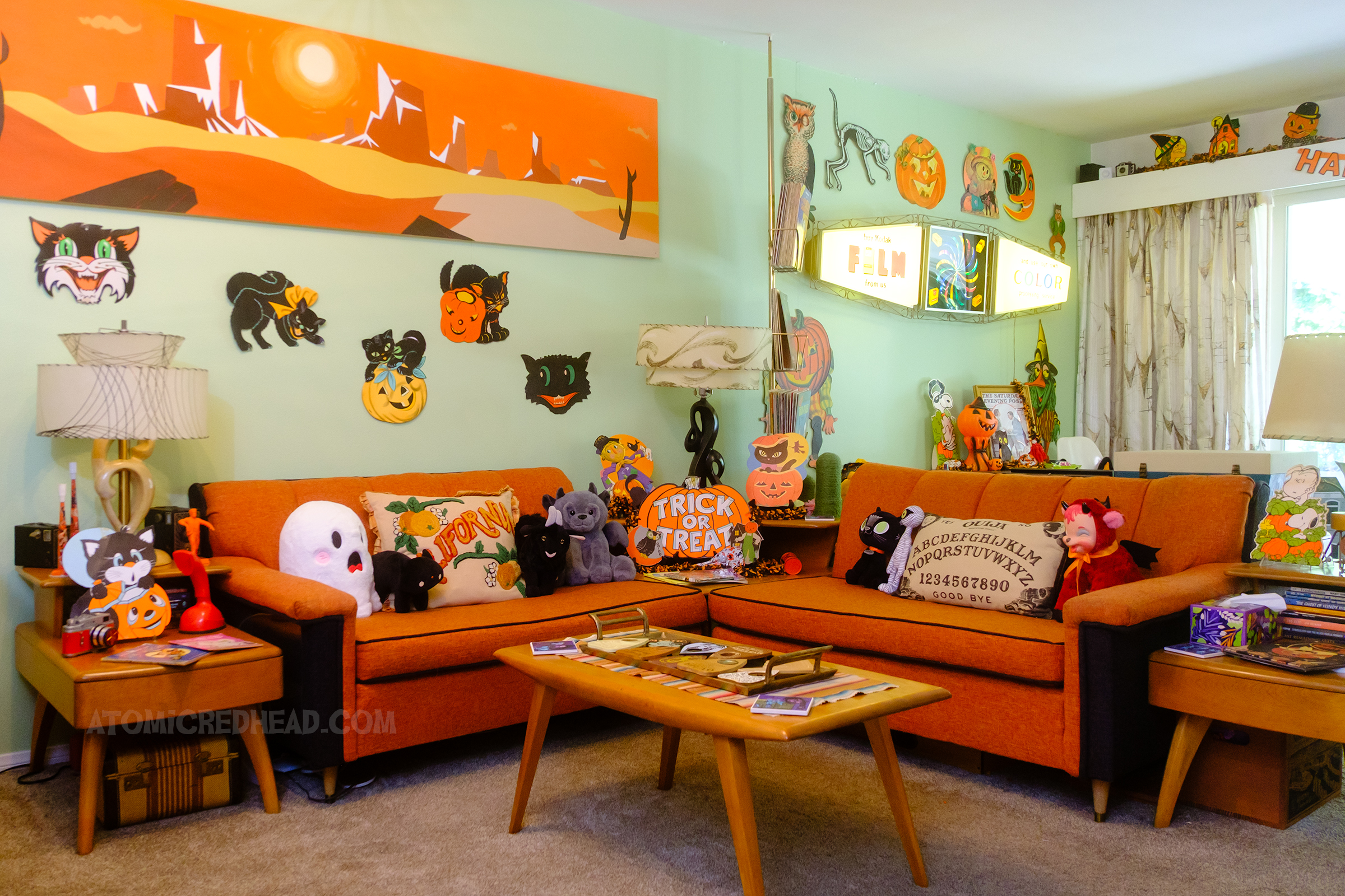 Angled view of our living room decorated for Halloween.