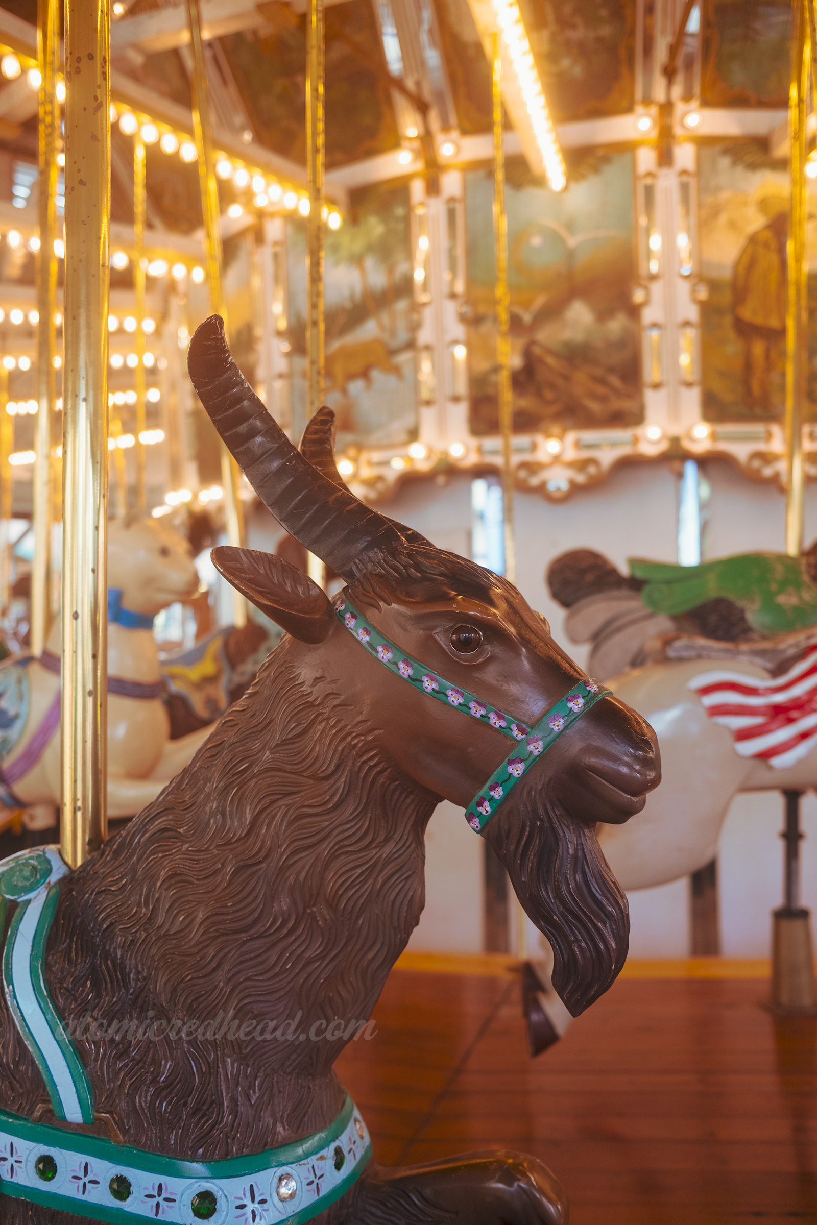 Close-up of a brown goat carousel aniaml.