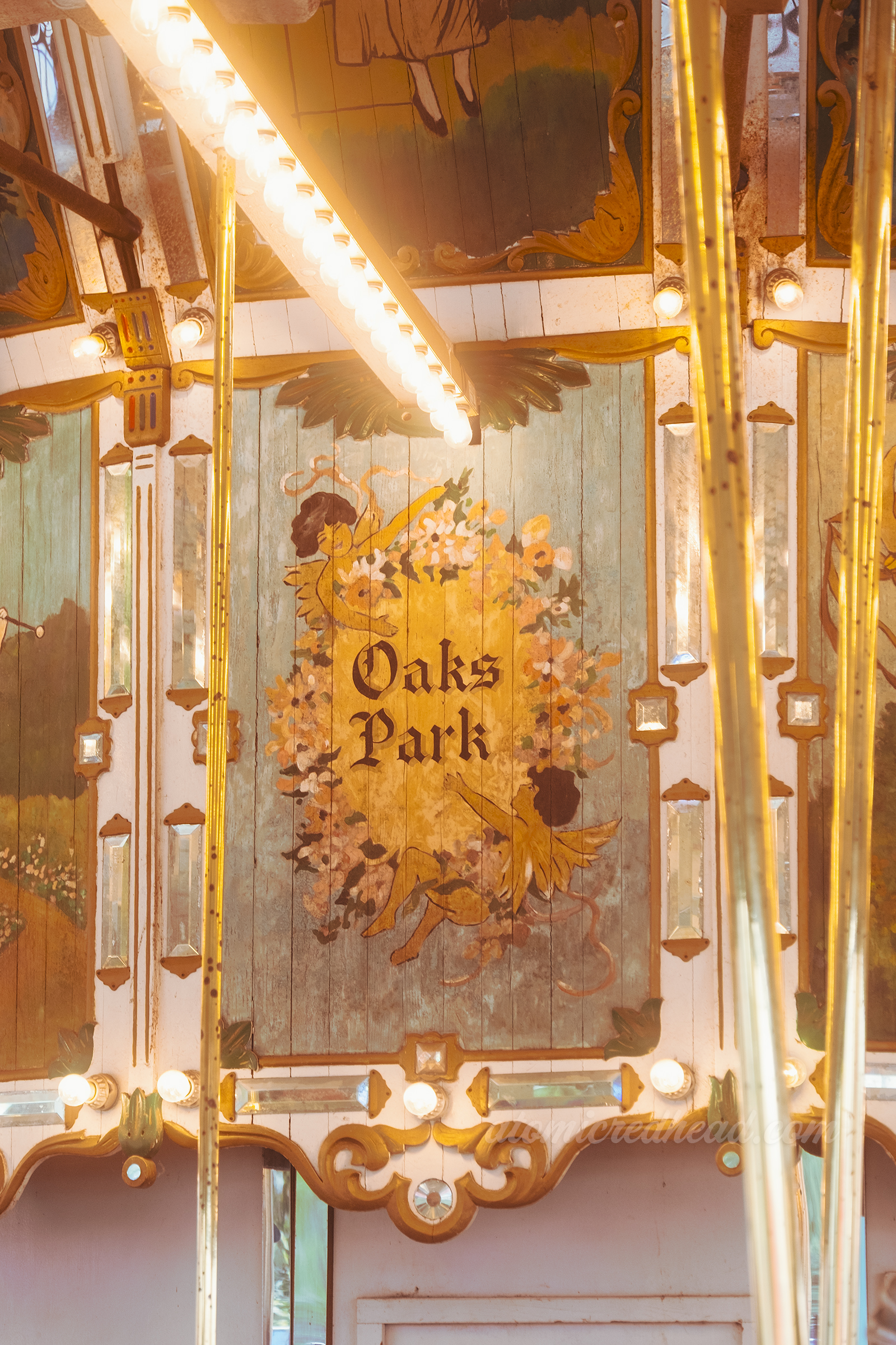 Close-up of one the hand-painted panels in the center, which features cherubs around gothic text that reads "Oaks Park"