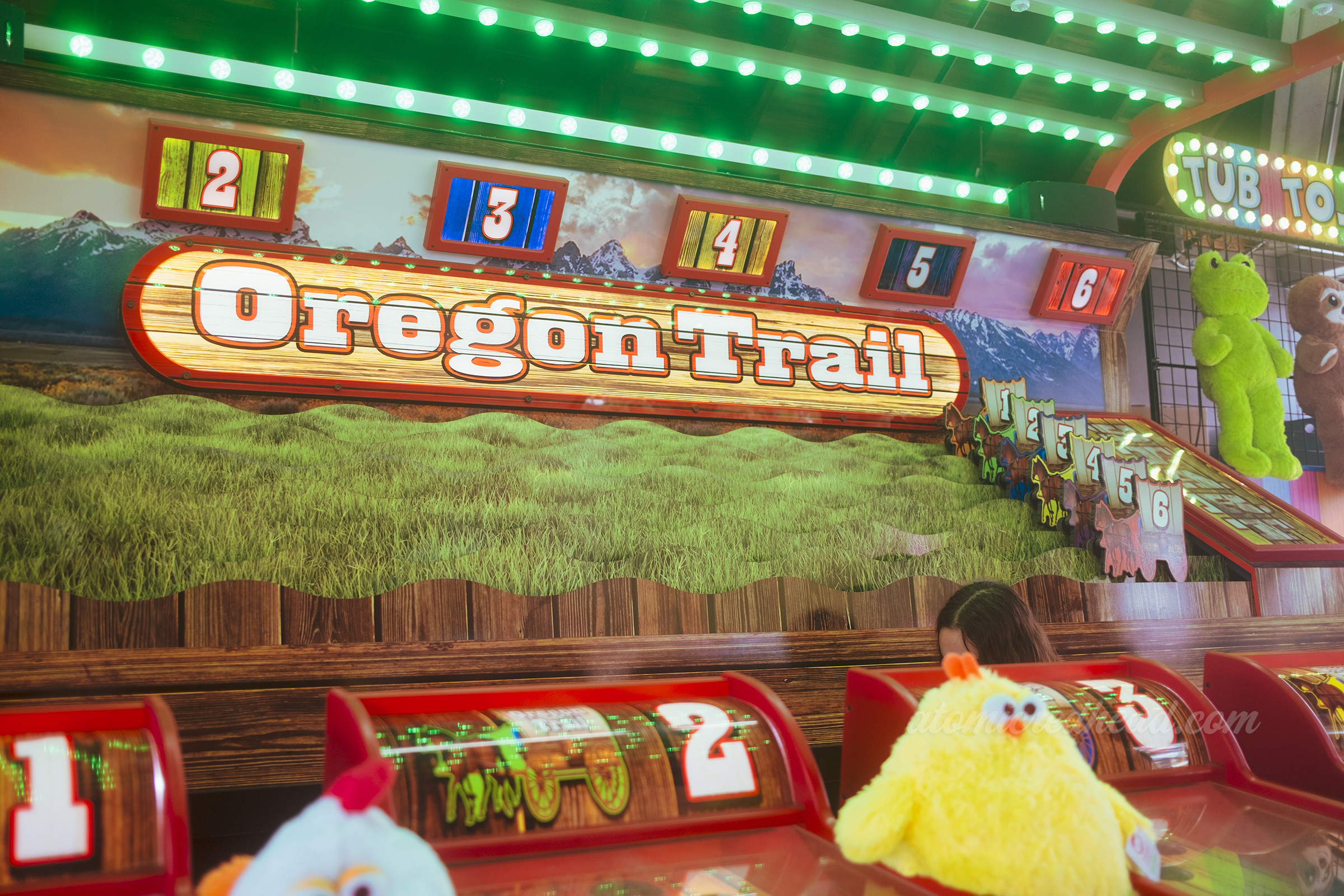 The carnival game "Oregon Trail" where players race covered wagons across a grassy field.