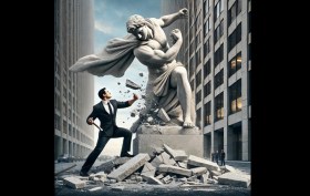 Image of an executive chiseling away at the base of a heroic statue.
