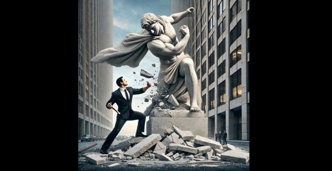 Image of an executive chiseling away at the base of a heroic statue.