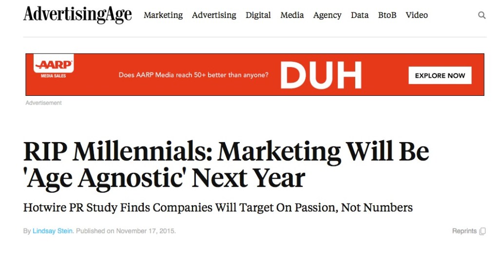 Ad Age headline on the end of millennial marketing