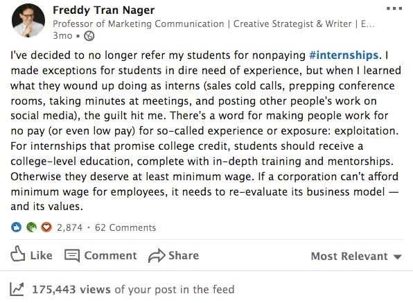 LinkedIn post about my internship policy