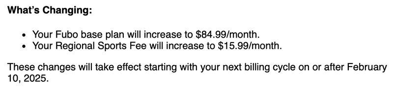 Fubo price increase: base plan to $84.99/month, and regional sports fee to $15.99/month.