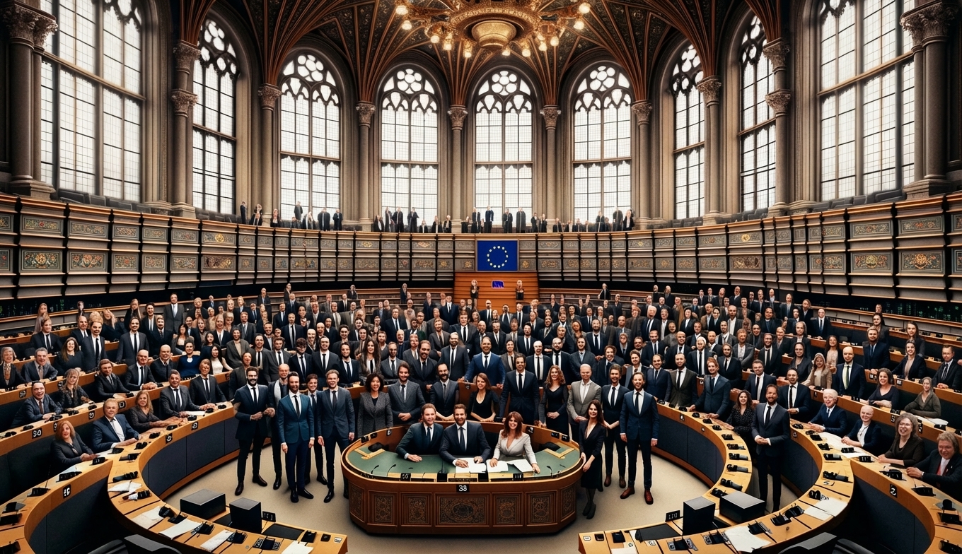 A large group of people in formal attire gathered inside a grand architectural hall with tall arched windows and an EU flag.