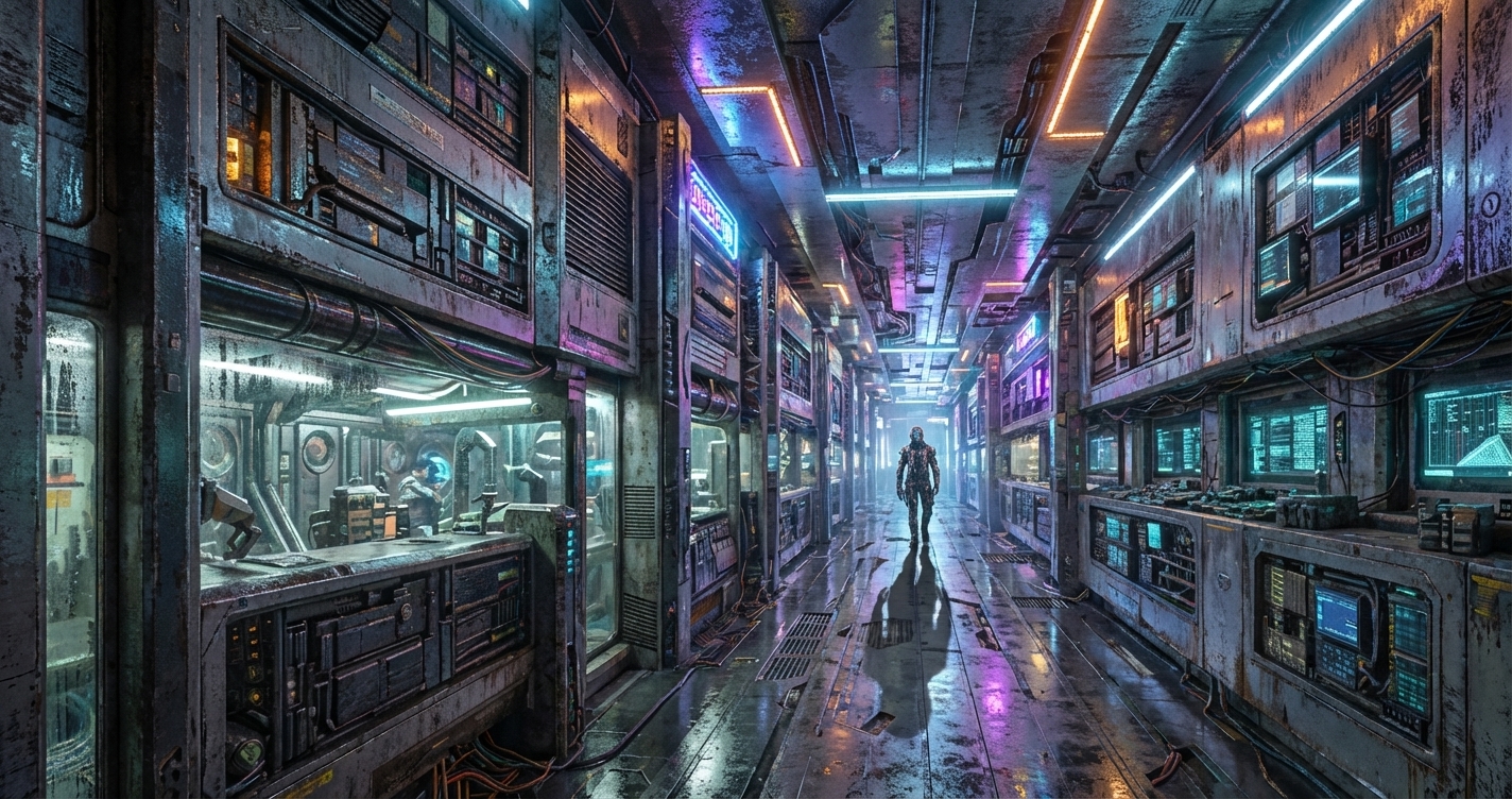 A futuristic corridor with neon lights and a solitary figure walking down the center.