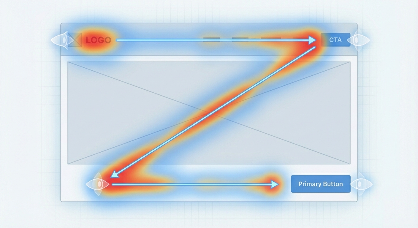 "Heatmap showing the Z-pattern eye-tracking path on a webpage layout."