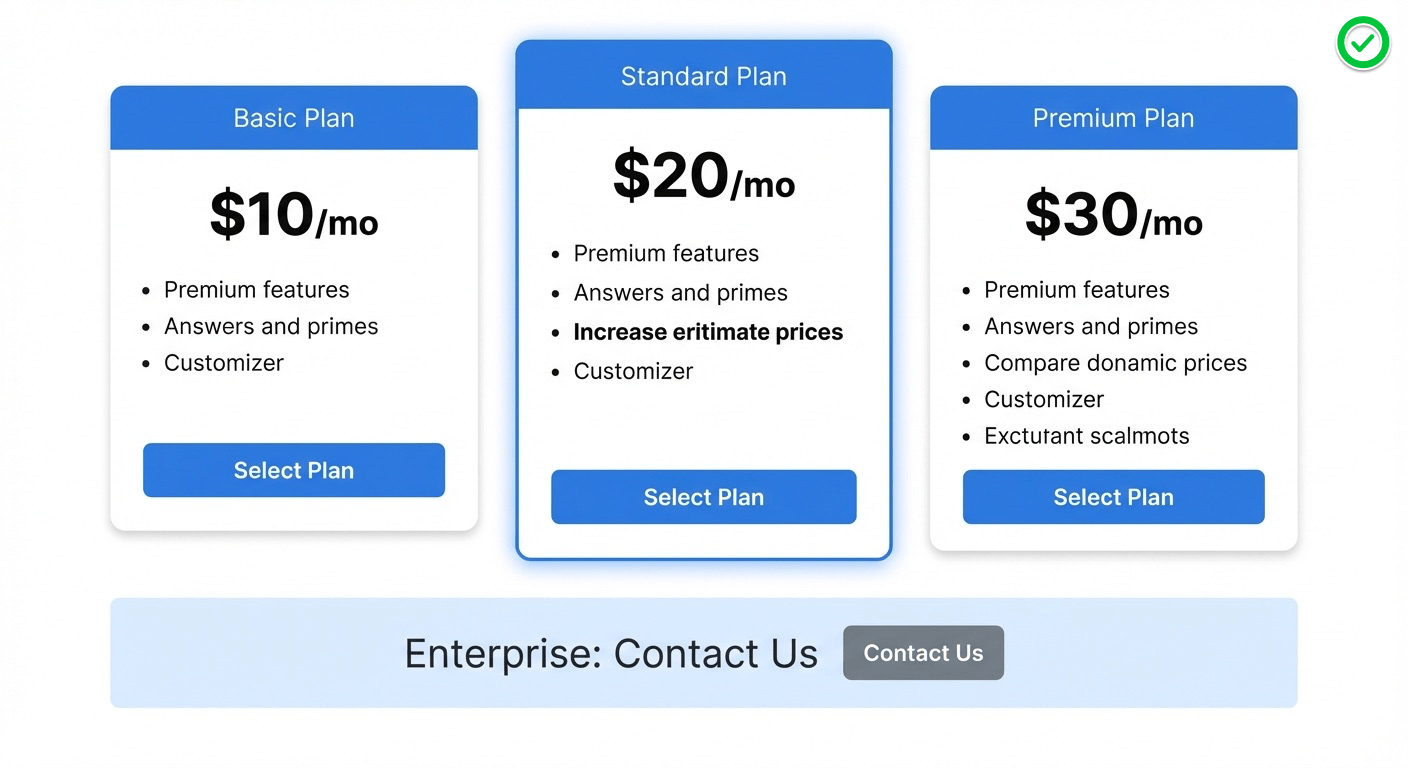 Pricing plans comparison with Basic, Standard, and Premium options and a contact option for Enterprise.