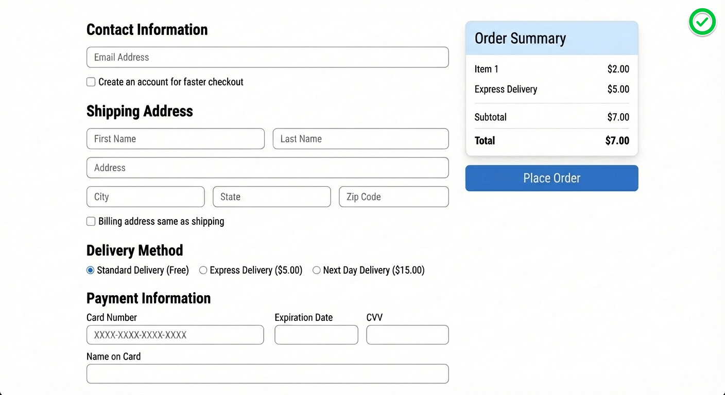 Checkout form for an online purchase with contact, shipping, delivery, and payment information sections.