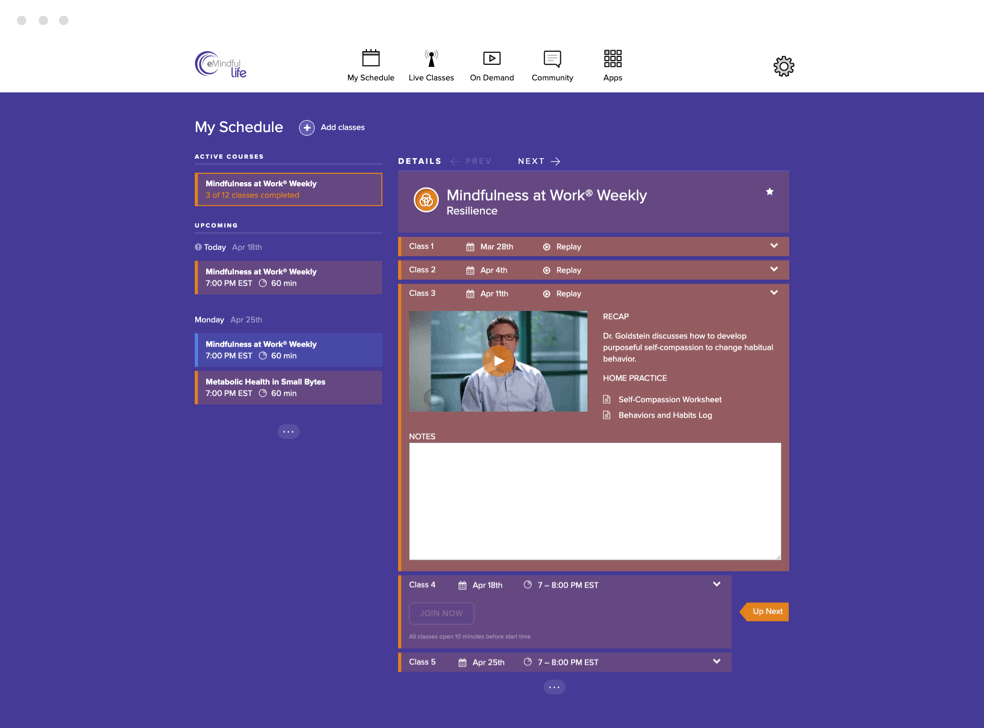 My schedule page on eMindful. ATTCK case study