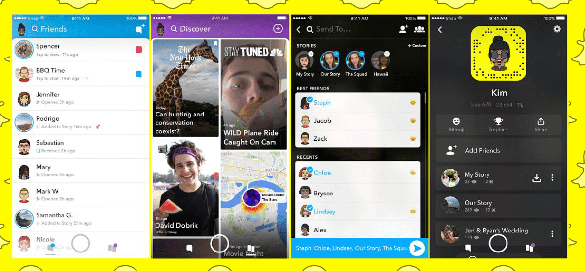 A Snapchat interface showing chat, Discover, send options, and a user profile screen.