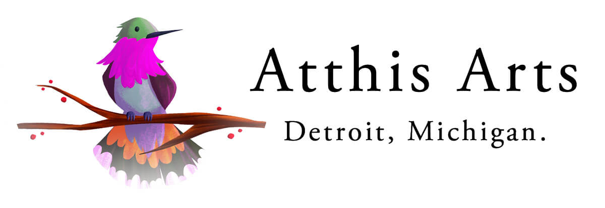 Atthis Arts hummingbird logo with the words Atthis Arts, Detroit Michigan