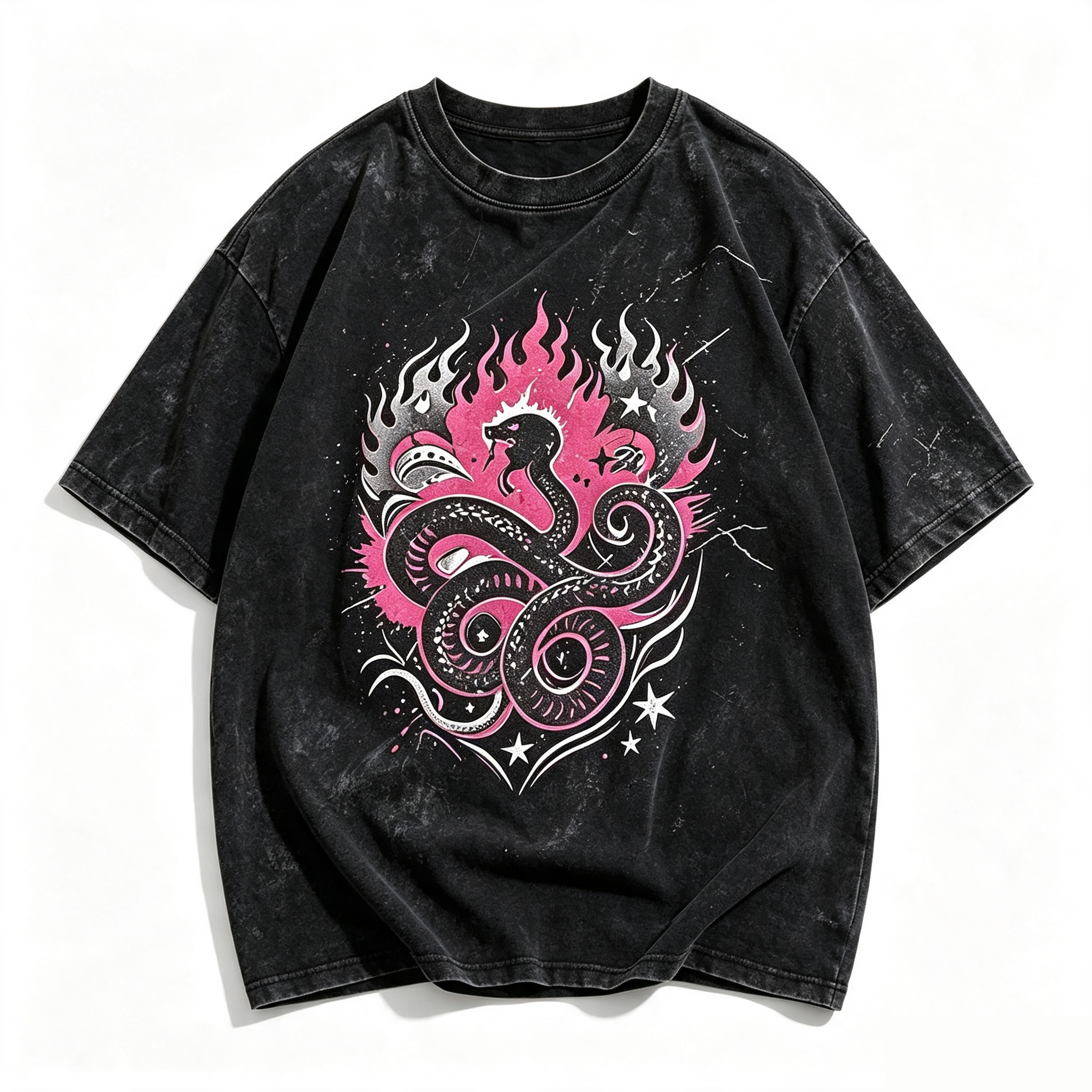 Washed Black Tee, Original Hand-Carved Woodcut Print, 90s Grunge Vintage Streetwear, Oversize Casual Constellation T-Shirt for Men Women