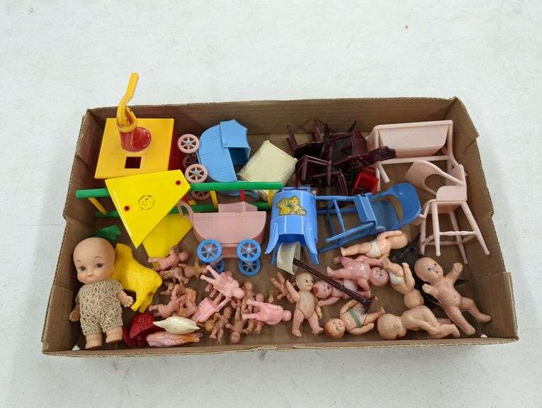 Vintage doll house furniture and baby figurines