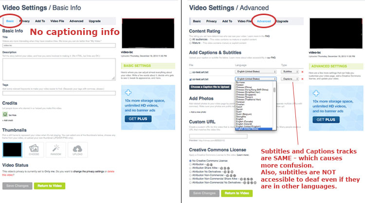 Screenshot showing two Vimeo settings pages, one is basic and another is advanced which makes it confusing about how to add captions.