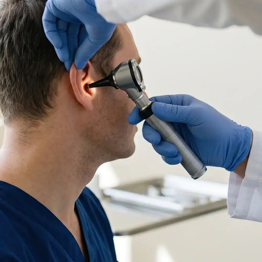 Audiologist performing ear examination with otoscope at Audiology Experts.
