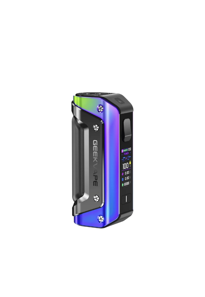 Rainbow-colored GeekVape vape mod with side screen and control buttons, standing upright on white background.