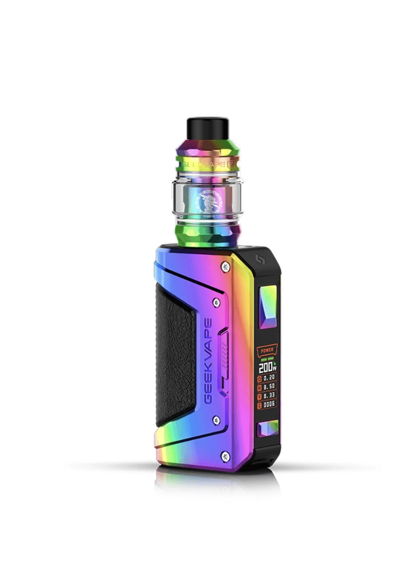 Rainbow-colored vape mod with black textured grip and matching rainbow tank, standing upright on a white background.