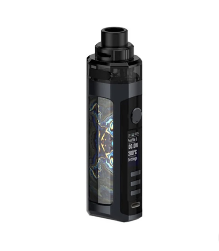 Black vape mod (electronic cigarette) with a glass tank and side display, standing upright.