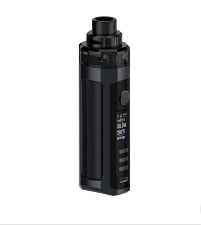 Black handheld vape mod with attached tank, standing upright and displaying control panel on the side