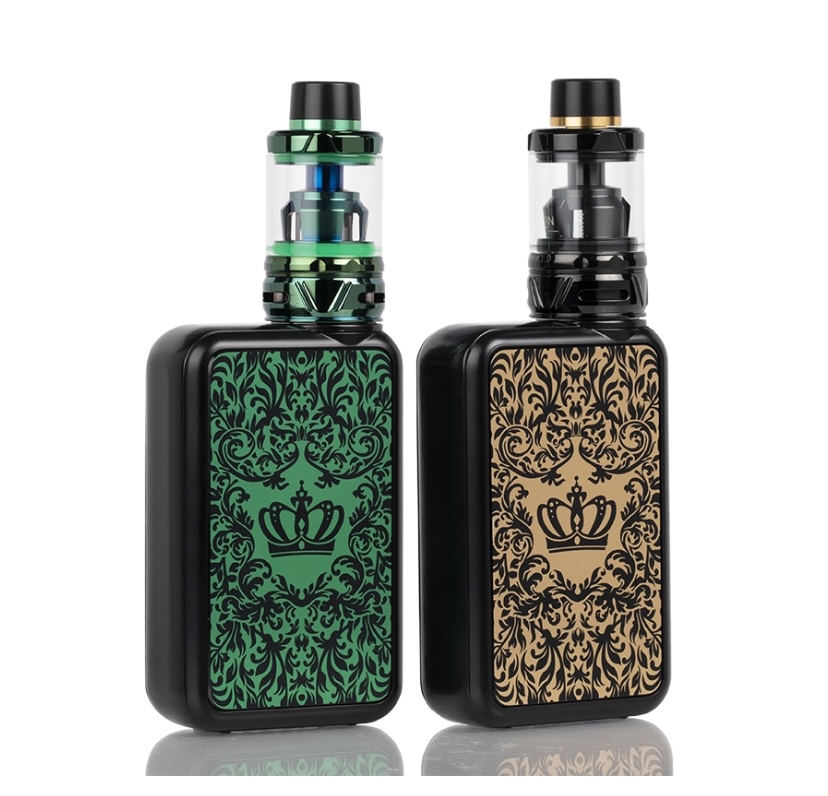 Two Black Vape Mods with Ornate Patterned Panels green on Left Gold on Right and Matching Translucent Tanks on Top - Australia E-cigarette Store
