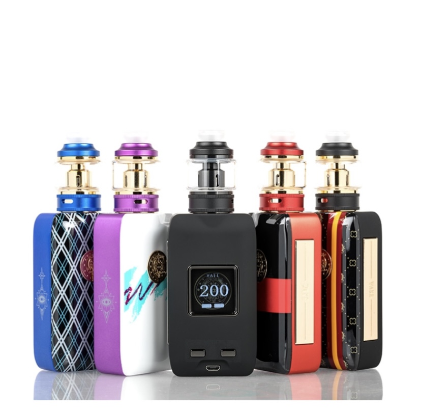 Six colorful vape mods with glass tanks lined up on a white surface.