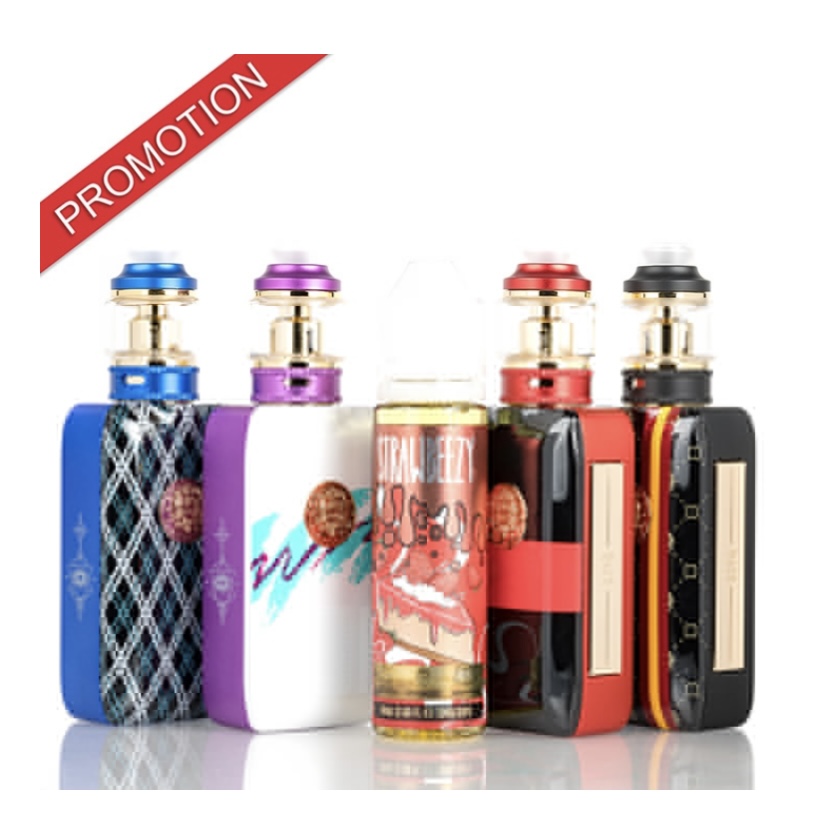 Promotional banner over five colorful vape mods lined up for sale.