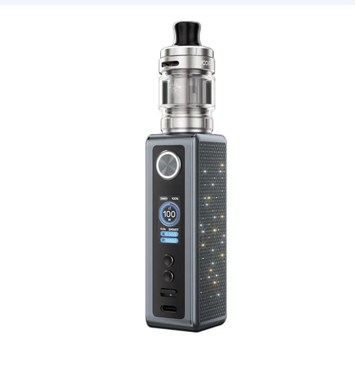 Handheld vaping device with a glass tank and digital display on the front panel