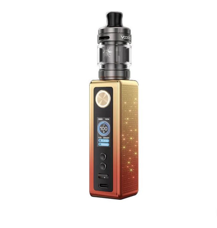 Gold-to-red gradient vape mod with digital display and detachable tank on top
