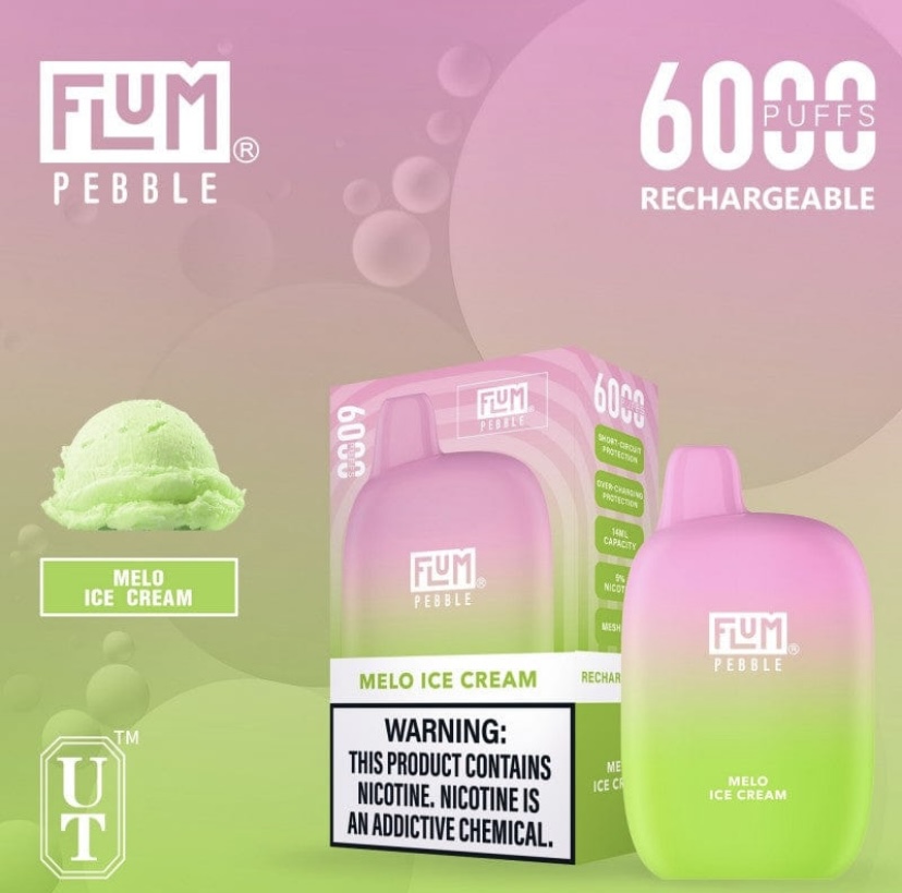 Flum Pebble Melo Ice Cream Disposable Vape with a Pink-to-green Gradient Shown with Its Box and a Matching Device Beside a Scoop of Green Ice Cream on the Left - Australia E-cigarette Store