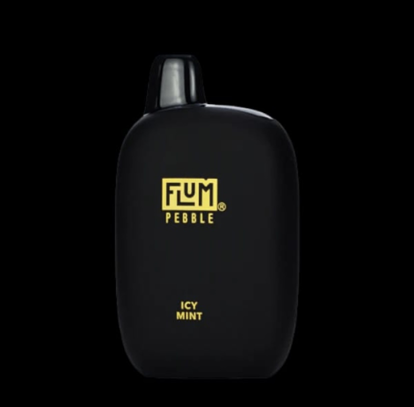 Black Fum Pebble Vape Device with Yellow Logo on a Dark Background Labeled Icy Mint - Australia E-cigarette Store