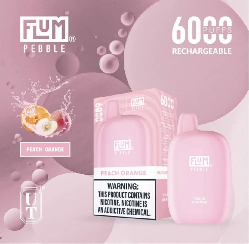 Flum Pebble Peach Orange Vape Device with Packaging Showing 60000 Puffs Rechargeable Label and Warning About Nicotine - Australia E-cigarette Store