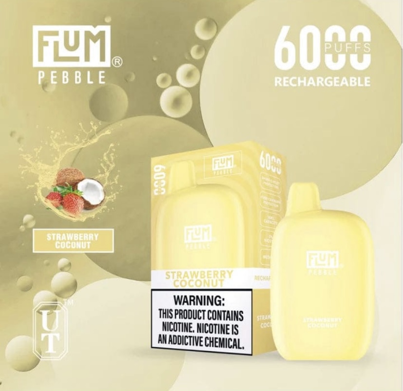 Fum Pebble Strawberry Coconut Disposable Vape Box and Yellow Bottle 6000 Puffs Graphic Visible on Packaging and Box Includes Warning Label - Australia E-cigarette Store