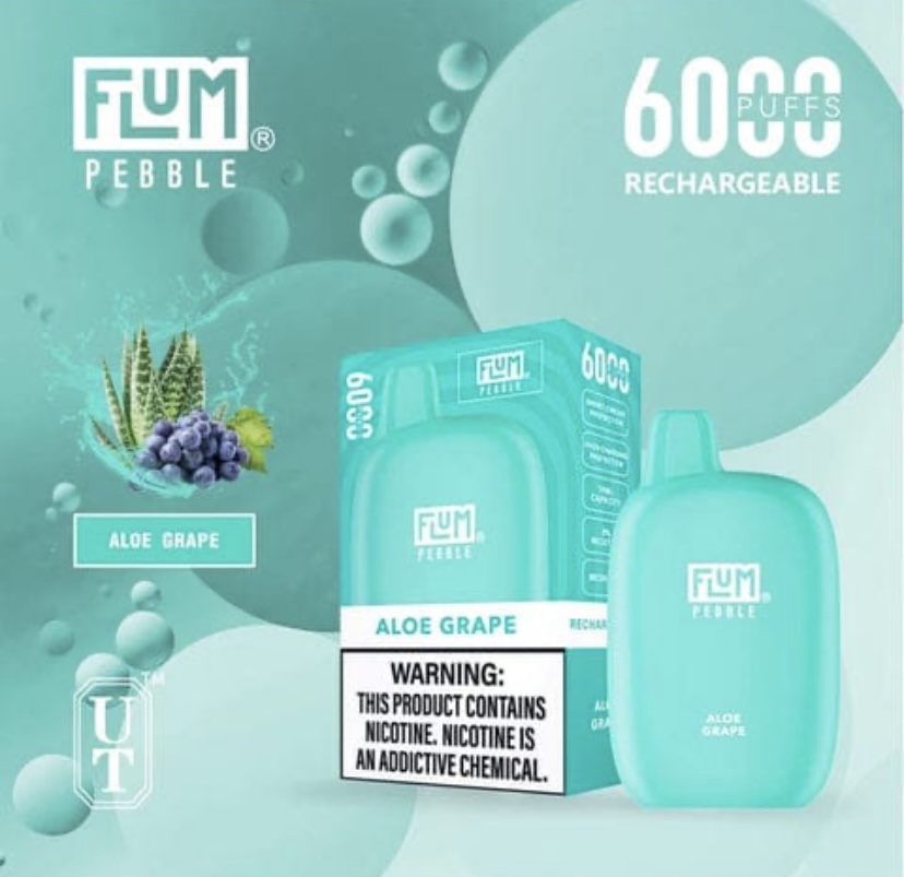 Flum Pebble Aloe Grape Disposable Vape with 6000 Puffs and Mint-green Packaging Showing Flavor Label Aloe Grape - Australia E-cigarette Store