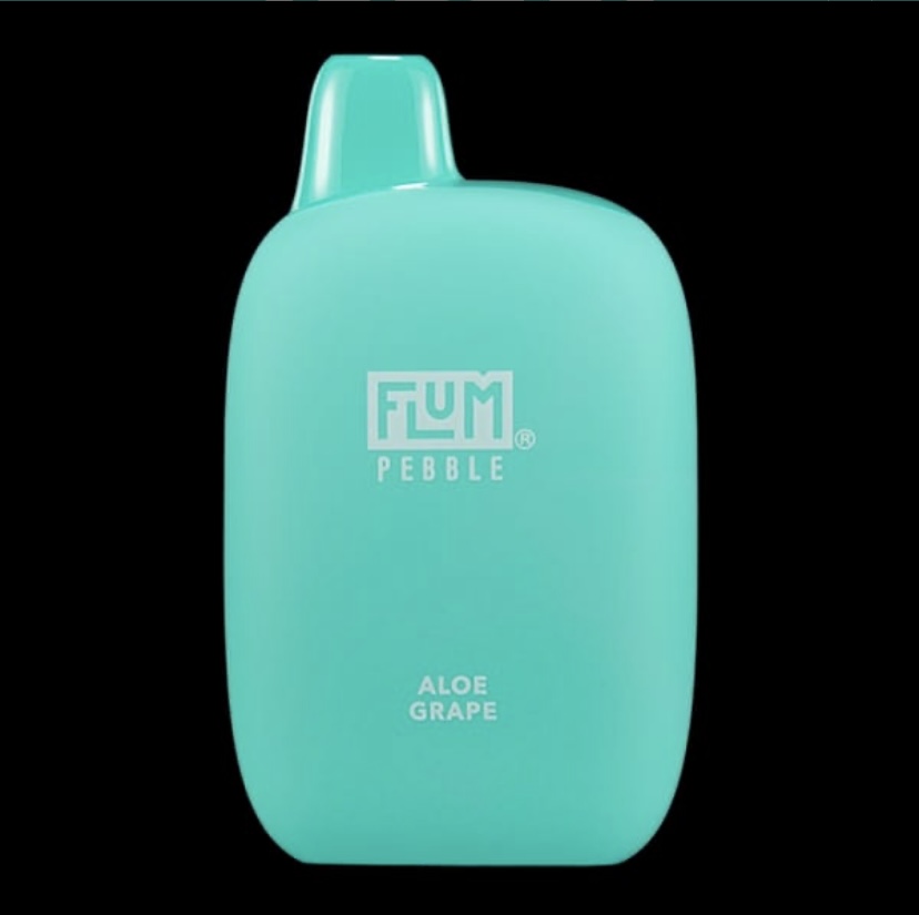 Turquoise Fum Pebble Vape Device with Aloe Grape Flavor Against a Black Background Front View - Australia E-cigarette Store