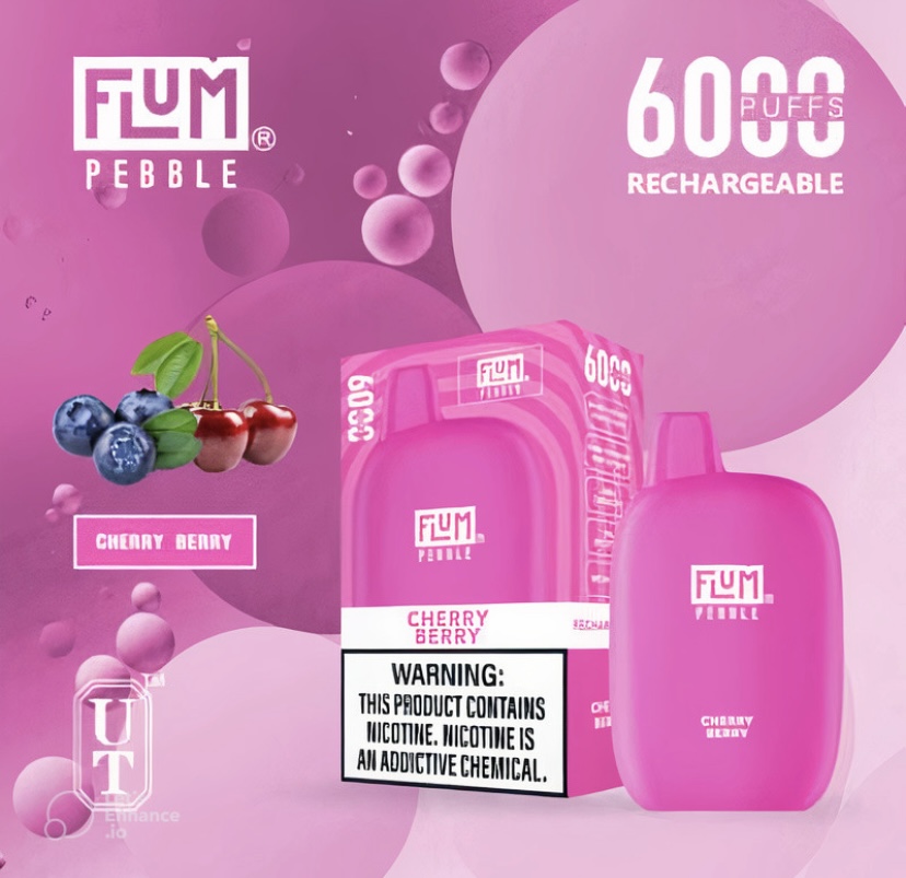 Pink Flum Pebble Cherry Berry Disposable Vape with 6000 Puffs Shown with Bottle and Box Against a Pink Gradient Background - Australia E-cigarette Store