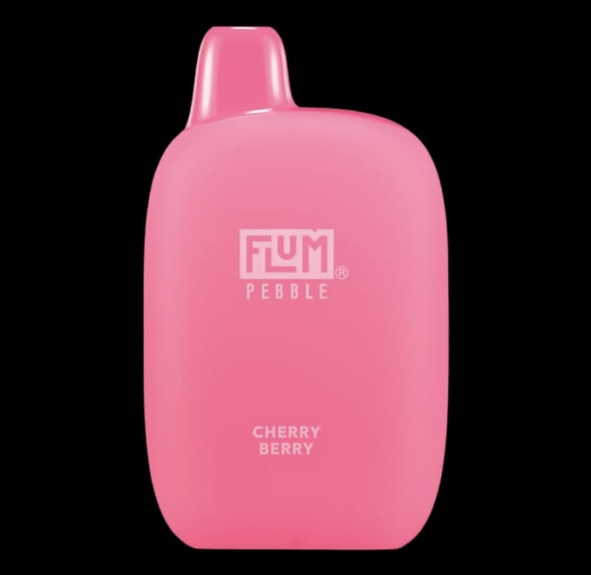 Pink Disposable Vape Device with fum Pebble Branding and Cherry Berry Flavor Set Against a Black Background - Australia E-cigarette Store